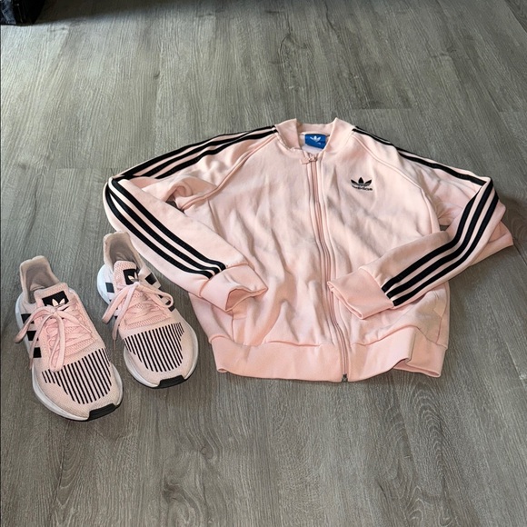 adidas Shoes - Adidas Pink Jacket M and Sneakers 8.5 with Black Stripes